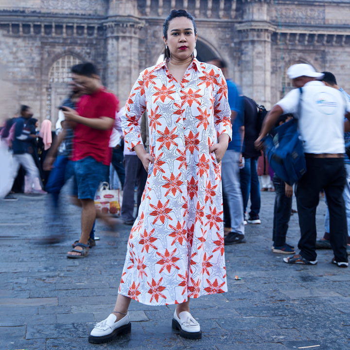 Starfish Orange Cotton Calf Length Dress