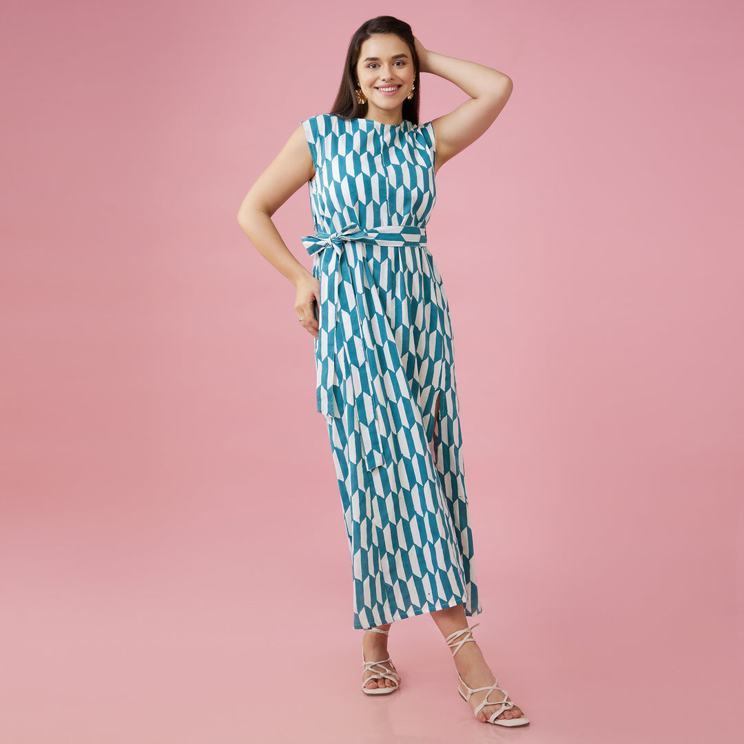 Geo Green Slit Long Dress - thesotr.com