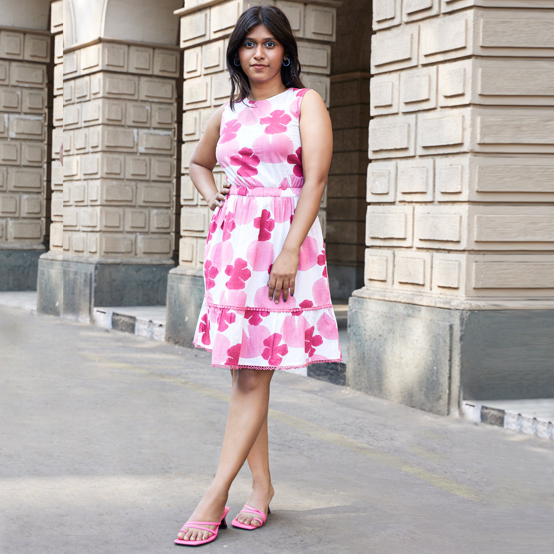 Lotus Leaf Flower Pink Cotton Short Dress
