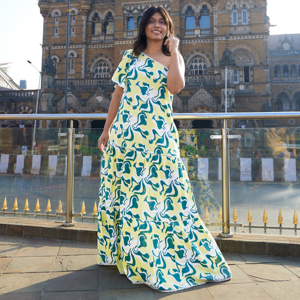 Octopus - Maxi Dress in Yellow & Green [upto 3XL]