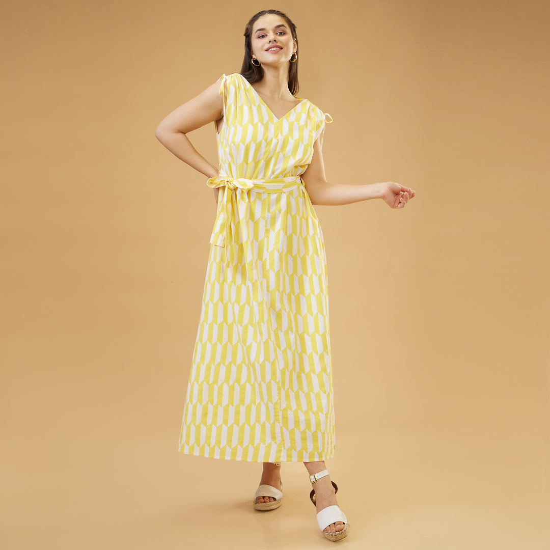 Geo Yellow Drawstring Long Dress - thesotr.com