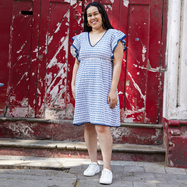 Leaf Flower Blue Cotton Short Dress
