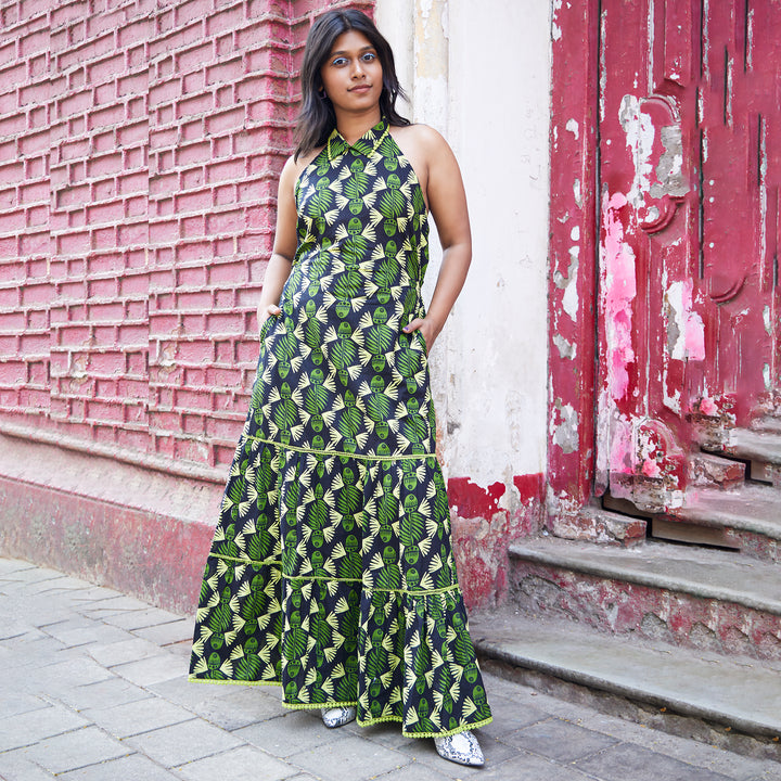Fish Afro Black Green Cotton Long Dress