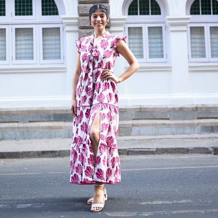 Floral Fish Red Cotton Long Dress