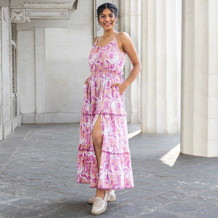 Octopus Pink Cotton Long Dress