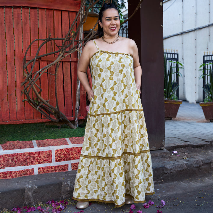 Fish Afro Mustard Beige Cotton Long Dress