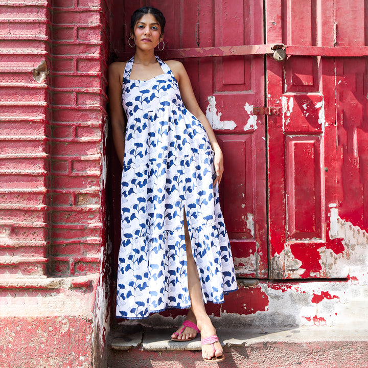 Hibiscus Leaf Blue Cotton Long Dress