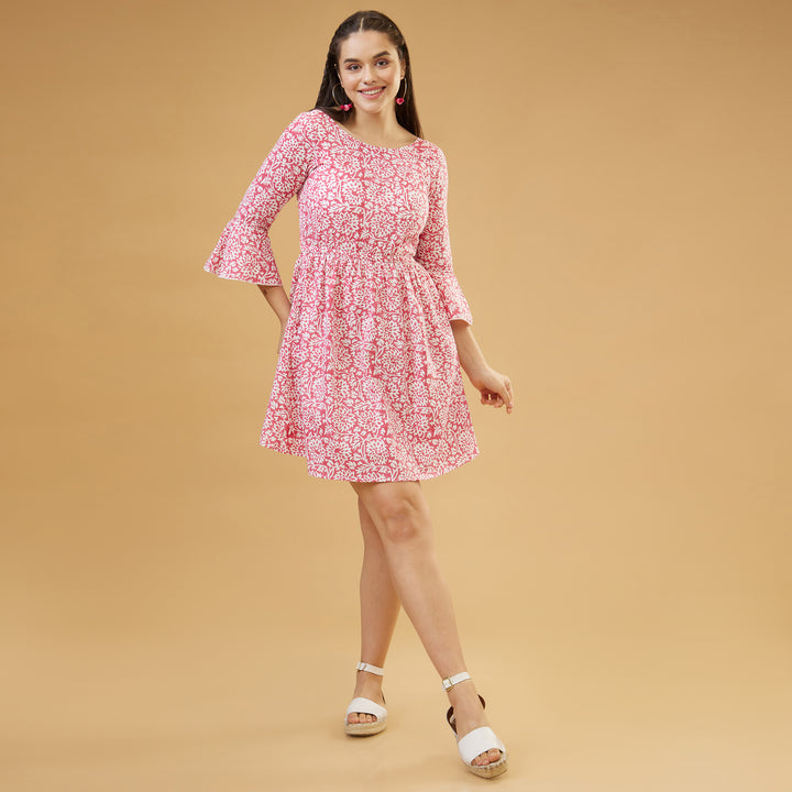 Floral Jaal Pink Bow Short Dress - thesotr.com