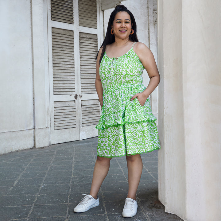 Spiral Green Cotton Short Dress