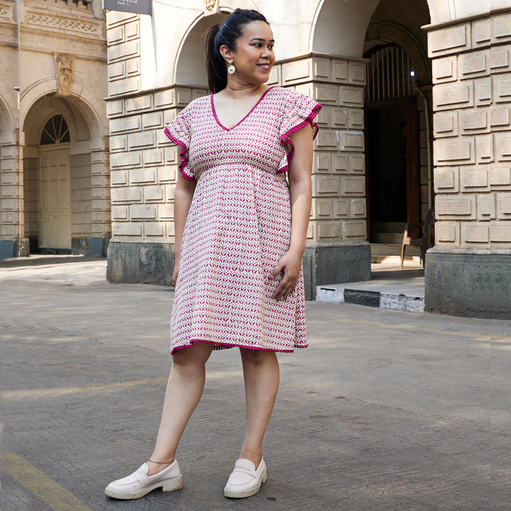 Leaf flower Wine Cotton Short Dress
