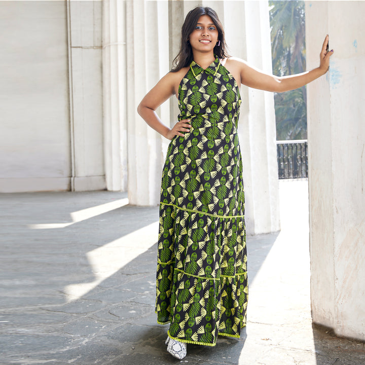 Fish Afro Black Green Cotton Long Dress