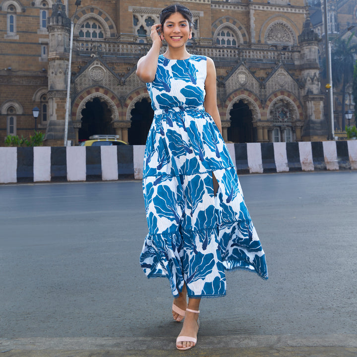 Floral Fish Blue Cotton Long Dress
