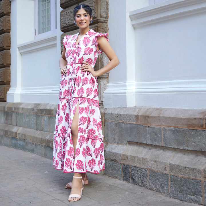 Floral Fish Red Cotton Long Dress
