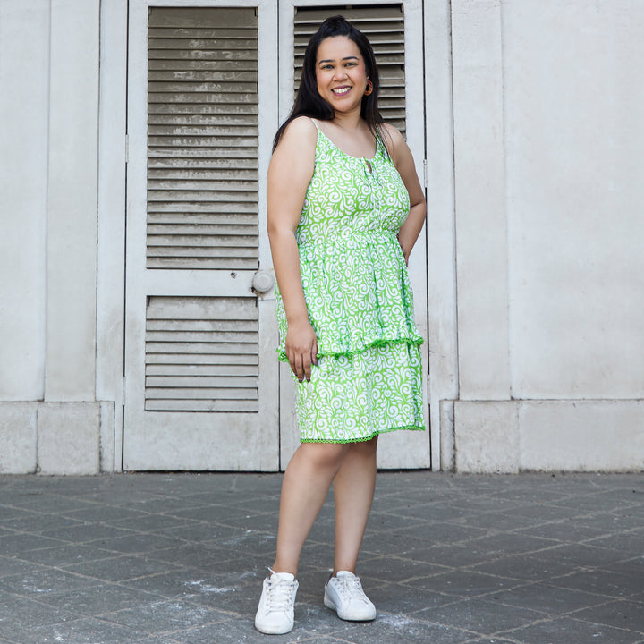 Spiral Green Cotton Short Dress