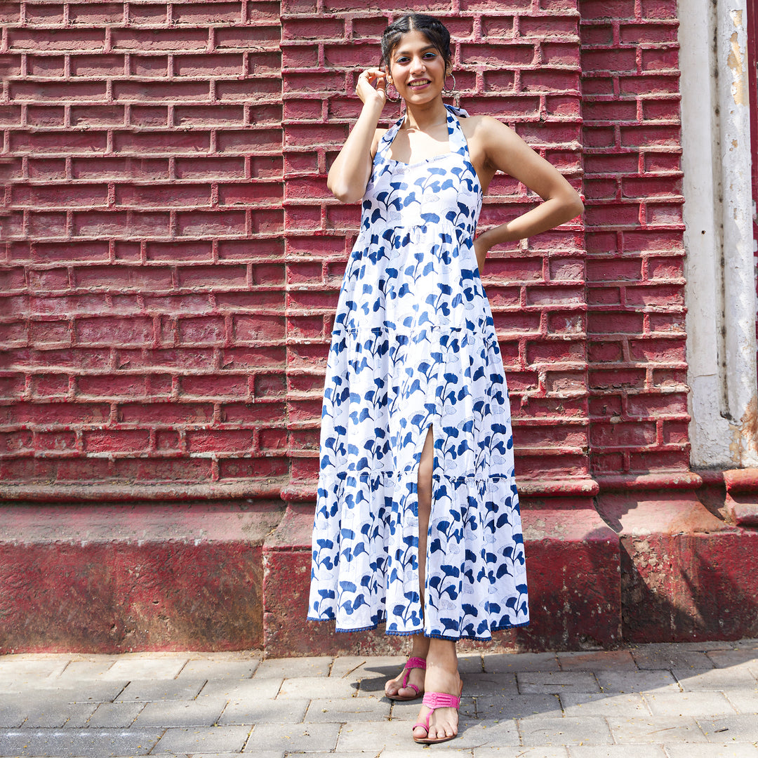 Hibiscus Leaf Blue Cotton Long Dress