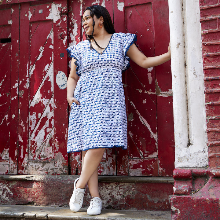 Leaf Flower Blue Cotton Short Dress