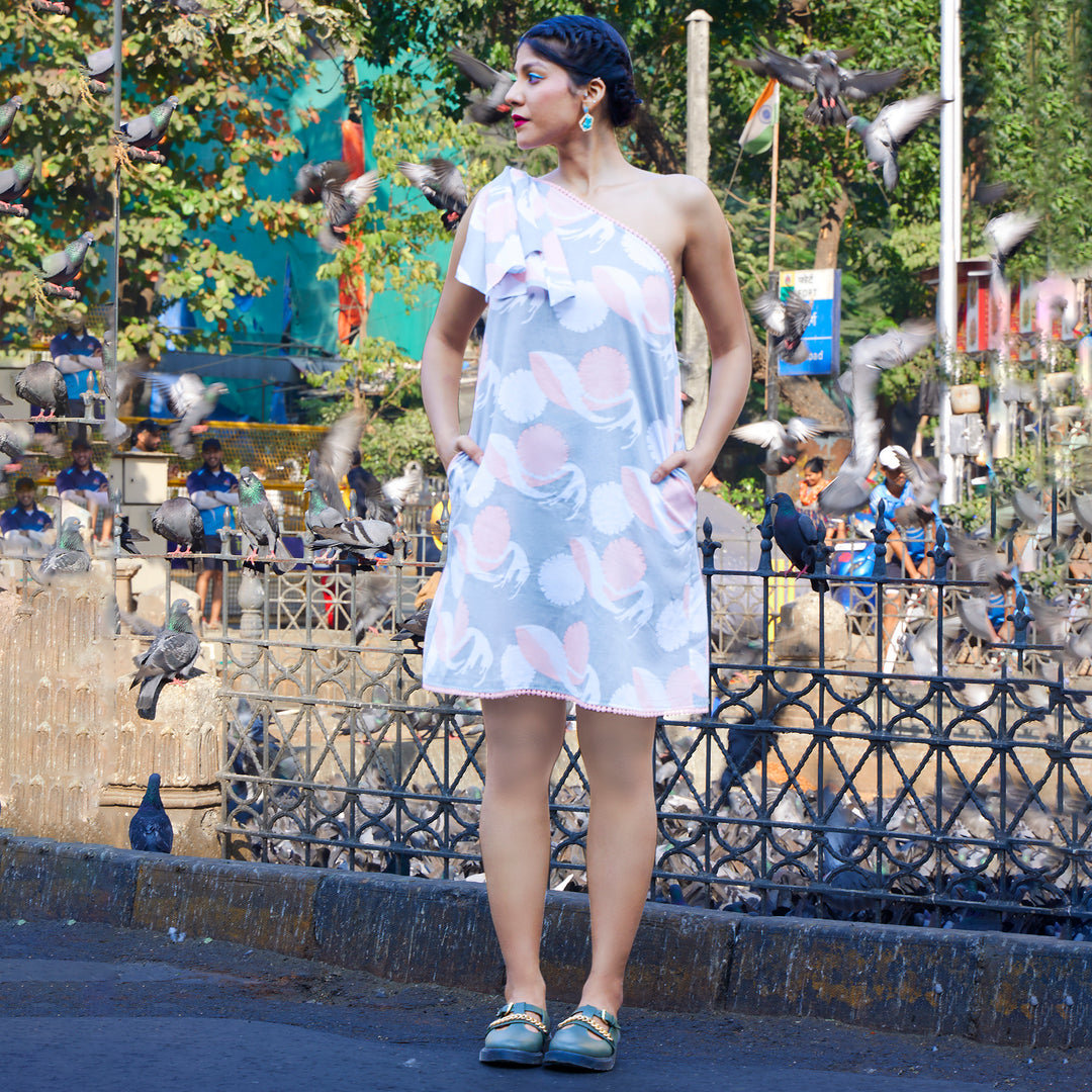 Whale Dendeleon Blue White Cotton Short Dress