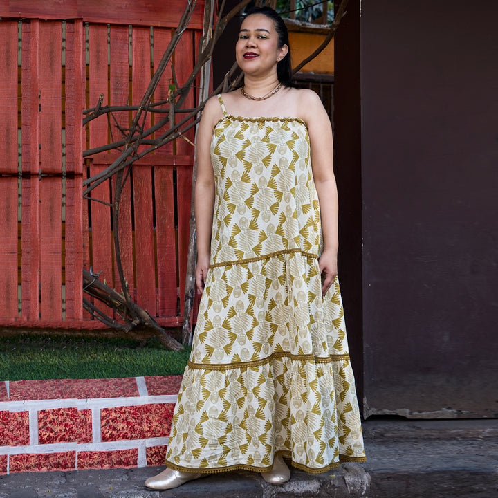 Fish Afro Mustard Beige Cotton Long Dress