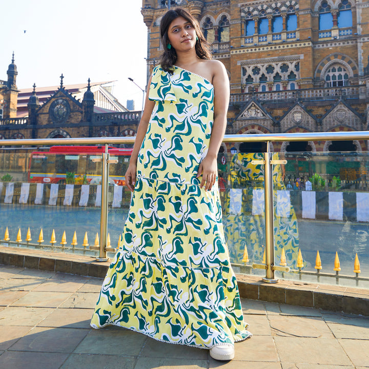 Octopus Yellow Green Cotton Long Dress