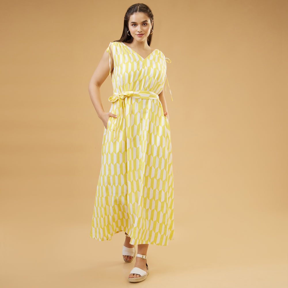 Geo Yellow Drawstring Long Dress - thesotr.com