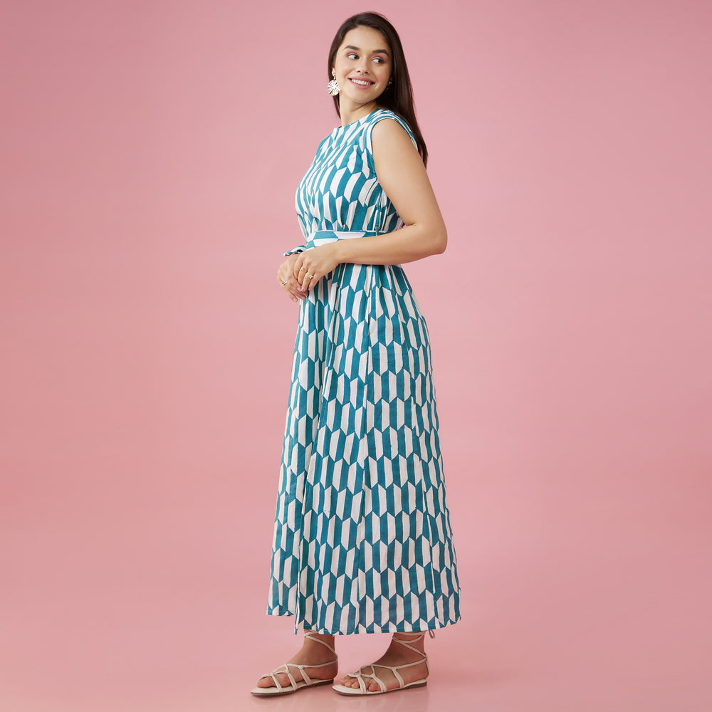 Geo Green Slit Long Dress - thesotr.com