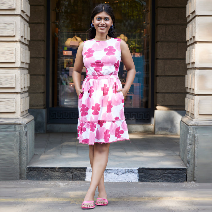 Lotus Leaf Flower Pink Cotton Short Dress