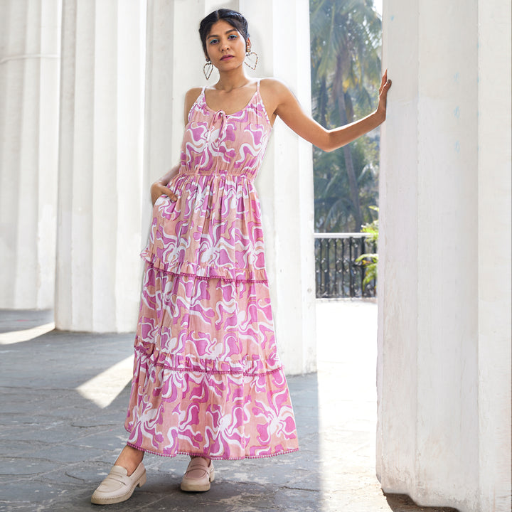 Octopus Pink Cotton Long Dress