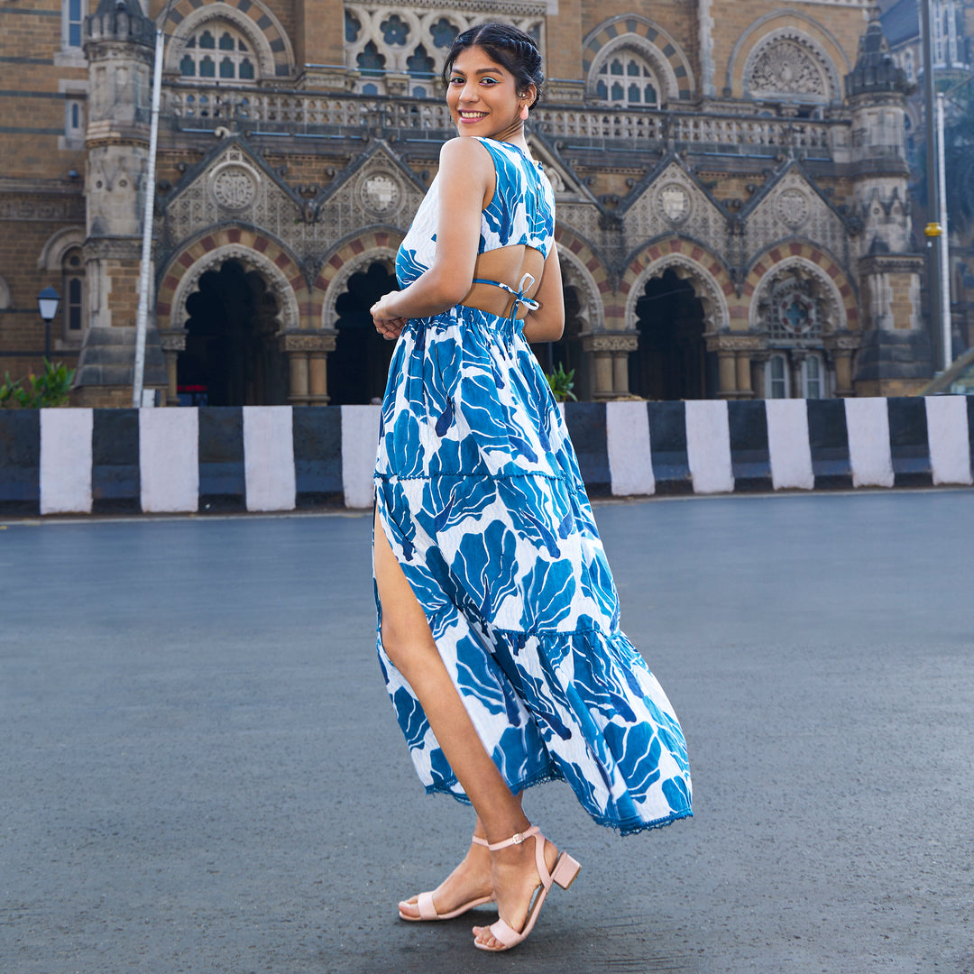 Floral Fish Blue Cotton Long Dress