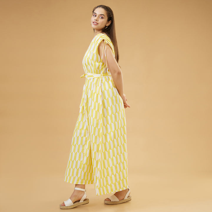 Geo Yellow Drawstring Long Dress - thesotr.com