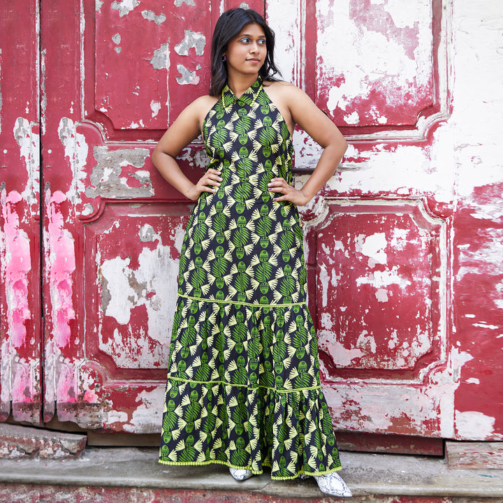 Fish Afro Black Green Cotton Long Dress