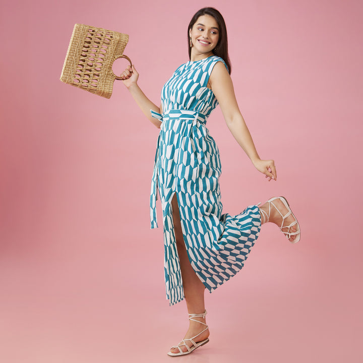 Geo Green Slit Long Dress - thesotr.com
