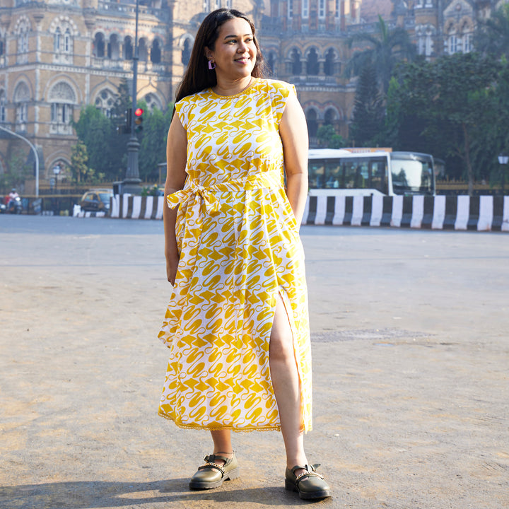 Stingray Yellow cotton Calf Length Dress