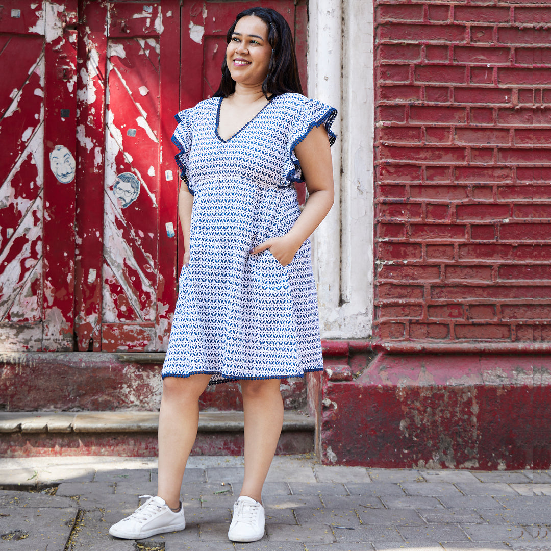 Leaf Flower Blue Cotton Short Dress