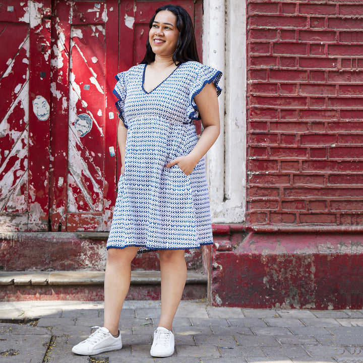 Leaf Flower Blue Cotton Short Dress