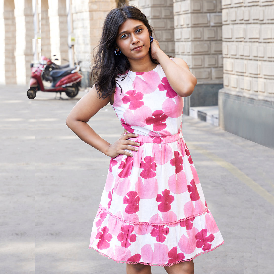 Lotus Leaf Flower Pink Cotton Short Dress