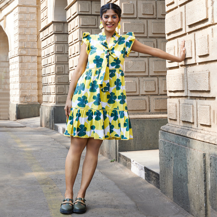 Lotus Leaf flower Yellow Green cotton Short Dress