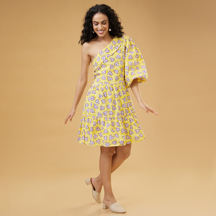 Aloma Yellow One Shoulder Short Dress - thesotr.com