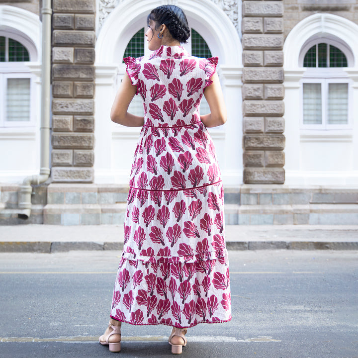 Floral Fish Red Cotton Long Dress