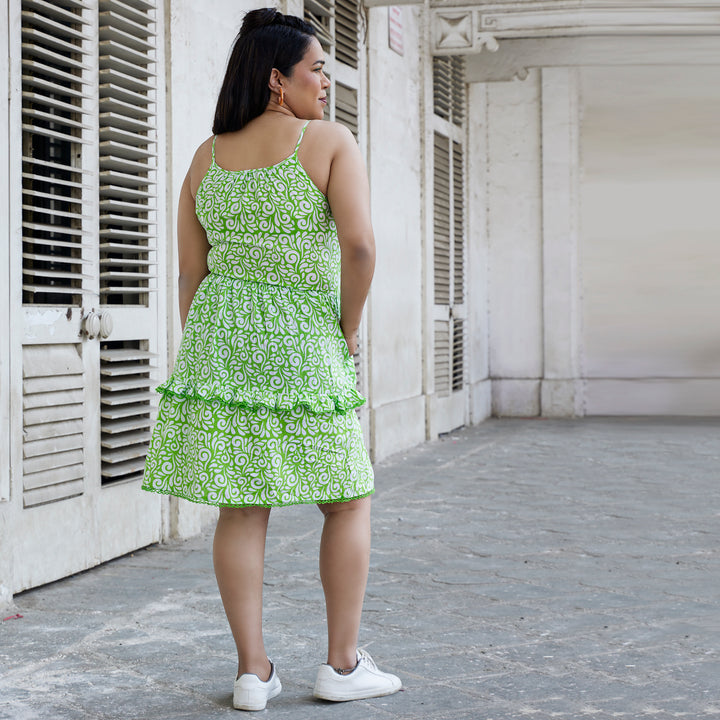 Spiral Green Cotton Short Dress