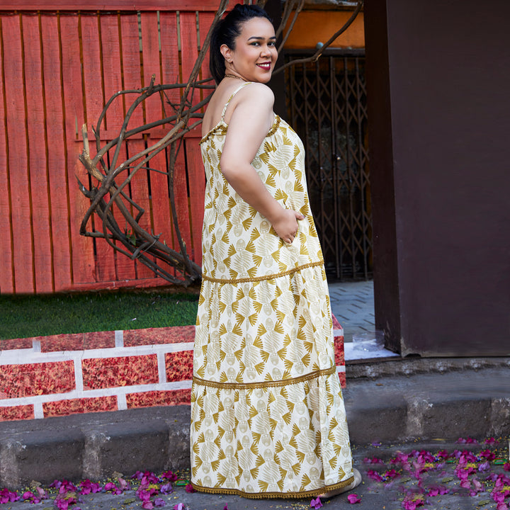 Fish Afro Mustard Beige Cotton Long Dress