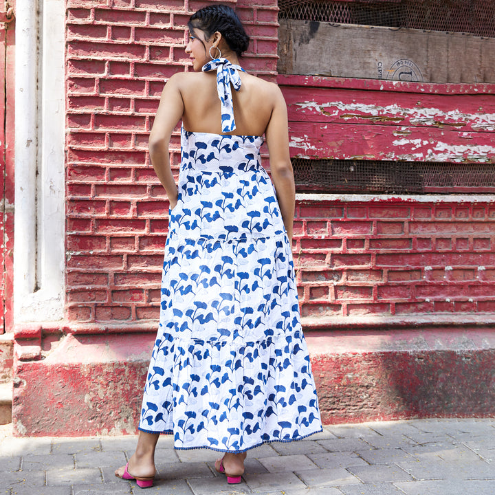 Hibiscus Leaf Blue Cotton Long Dress