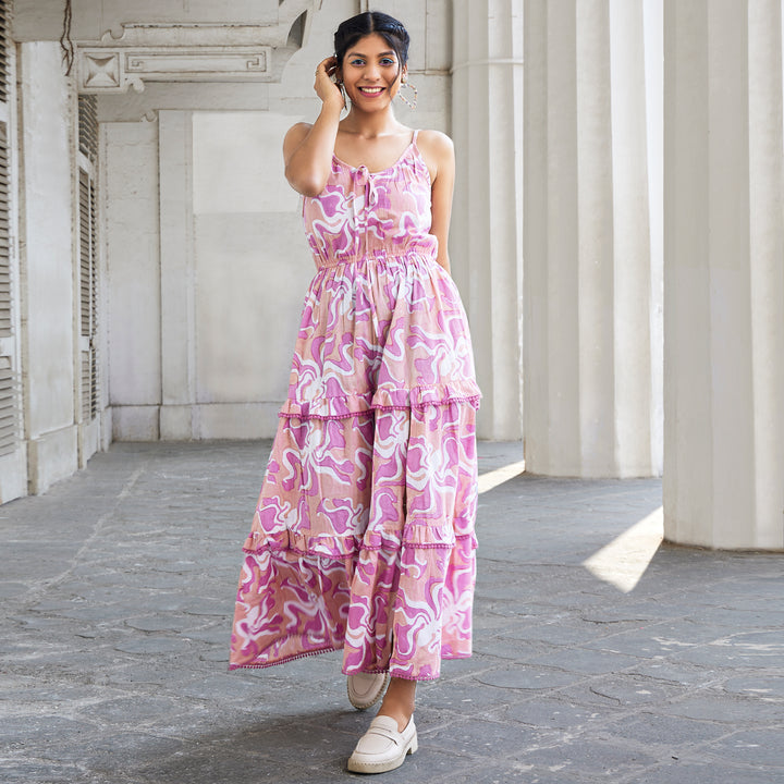 Octopus Pink Cotton Long Dress