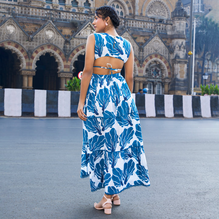 Floral Fish Blue Cotton Long Dress