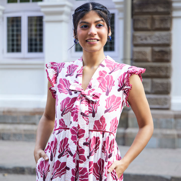 Floral Fish Red Cotton Long Dress