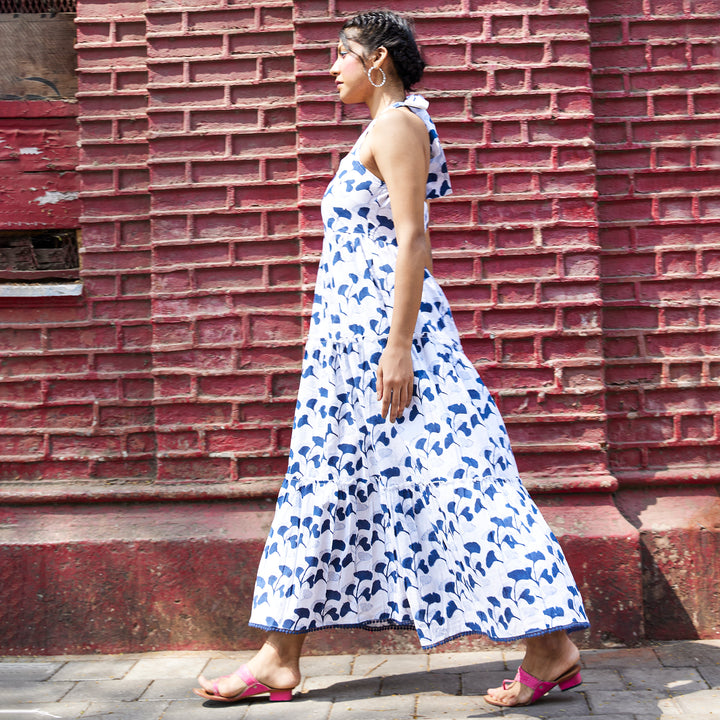 Hibiscus Leaf Blue Cotton Long Dress