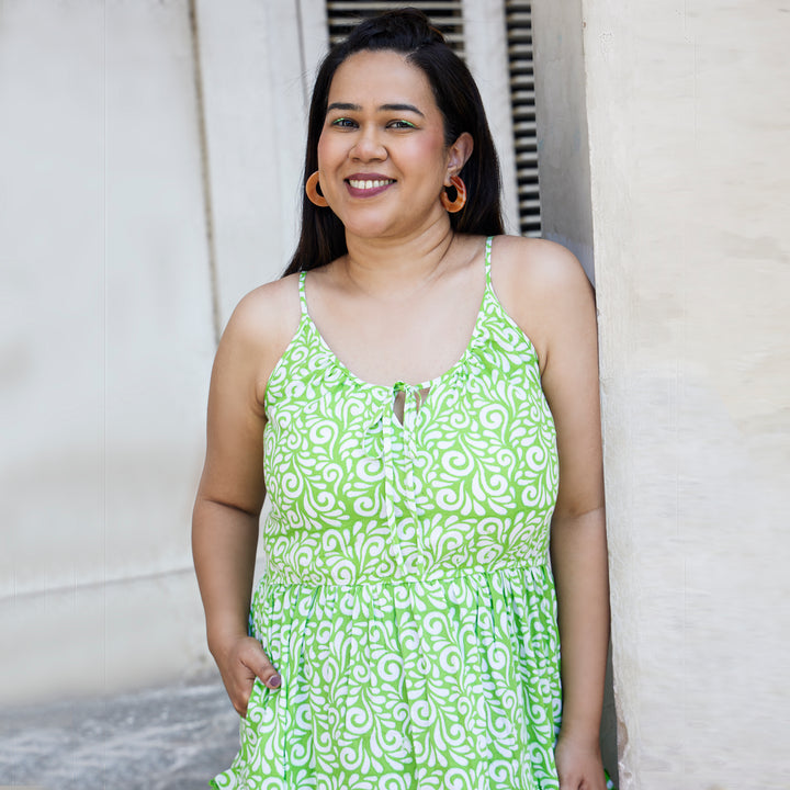 Spiral Green Cotton Short Dress