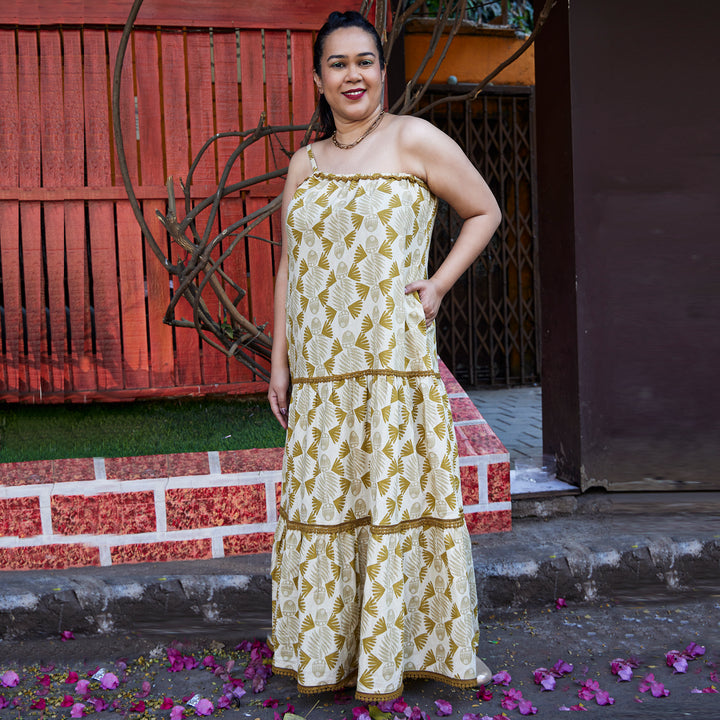 Fish Afro Mustard Beige Cotton Long Dress