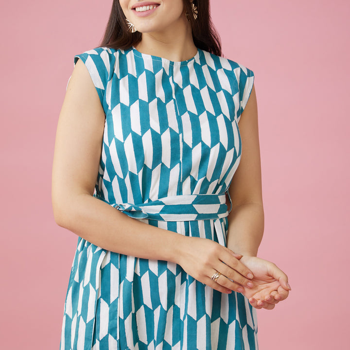 Geo Green Slit Long Dress - thesotr.com