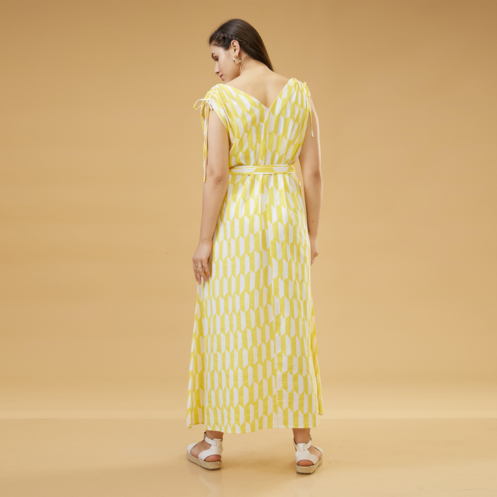 Geo Yellow Drawstring Long Dress - thesotr.com