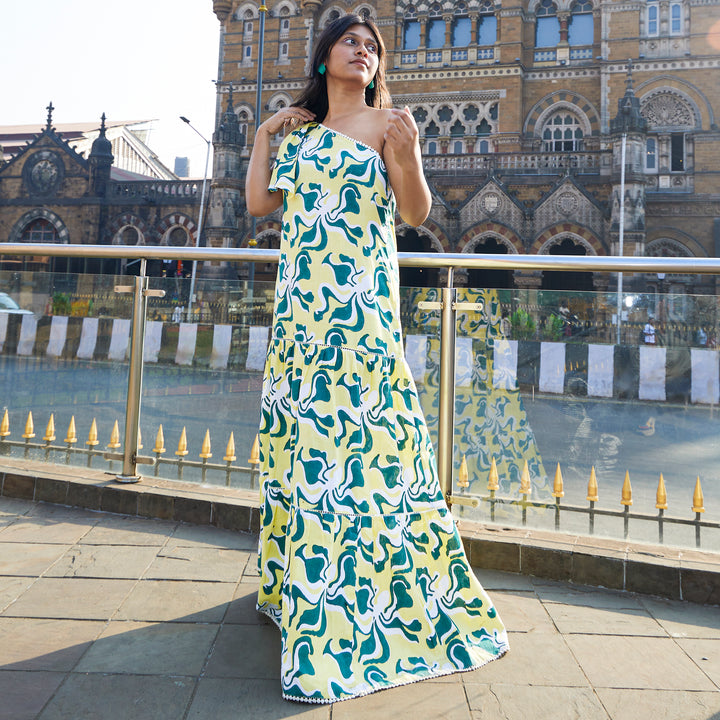Octopus Yellow Green Cotton Long Dress